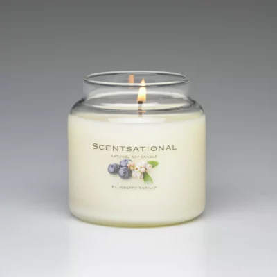 Blueberry Vanilla – 19oz scented candle burning