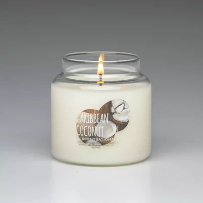 Caribbean Coconut 19oz scented candle burning