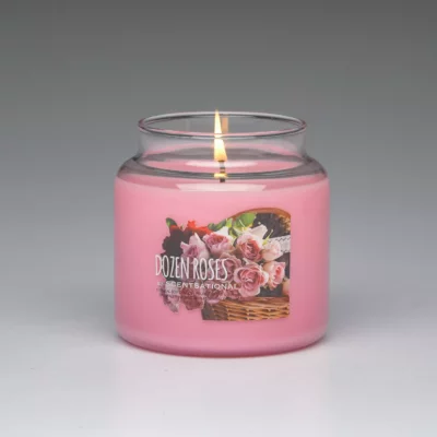 Dozen Roses 19oz 1-wick scented candle burning