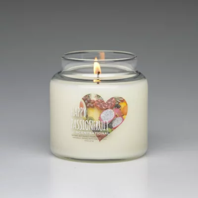 Happy Passionfruit 19oz scented candle burning