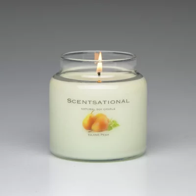 Island Pear 19oz scented candle burning