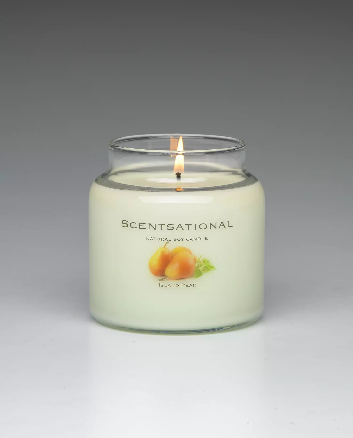 Island Pear 19oz scented candle burning