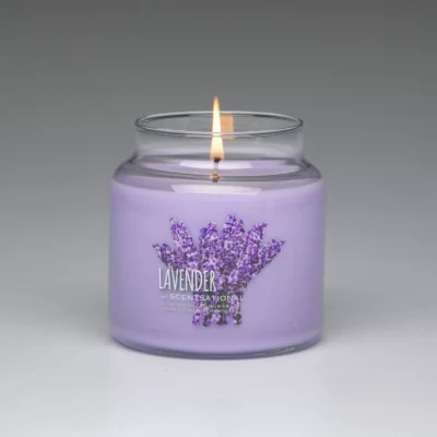 Lavender 11oz scented candle burning