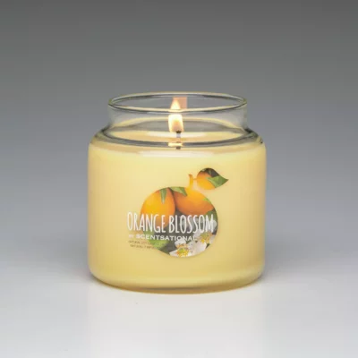Orange Blossom 19oz scented candle burning
