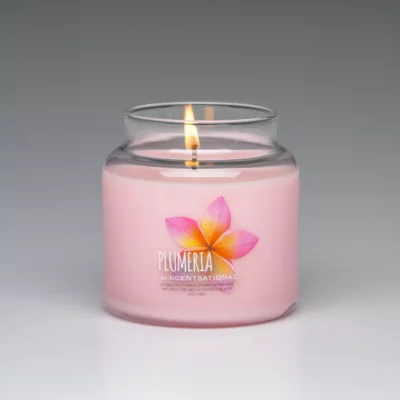 Plumeria 19oz scented candle burning