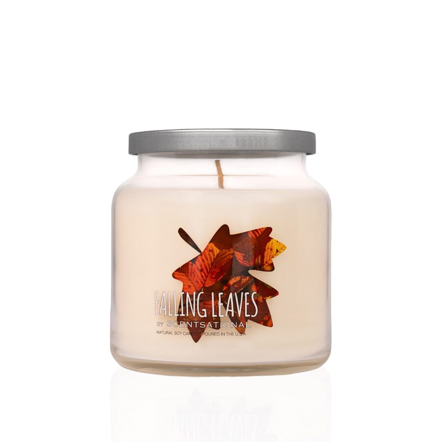 clear glass jar with white wax, maple leaf image with falling leaves and scentsational written